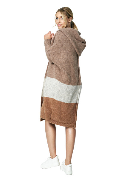 Sweter damski długi w pasy z kapturem bez zapięcia brązowy